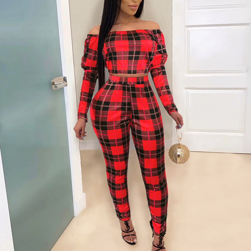 Plaid Print Off Shoulder Long Sleeve Top & High Waist Pants Set