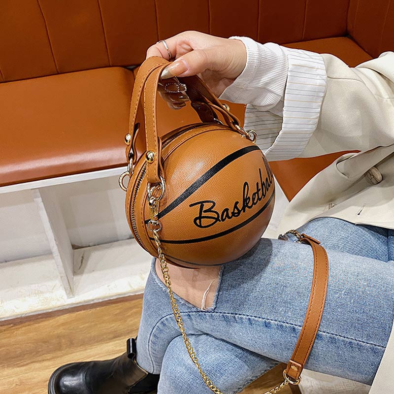 Basketball Shaped Chains Decoration PU Leather Round Handbag