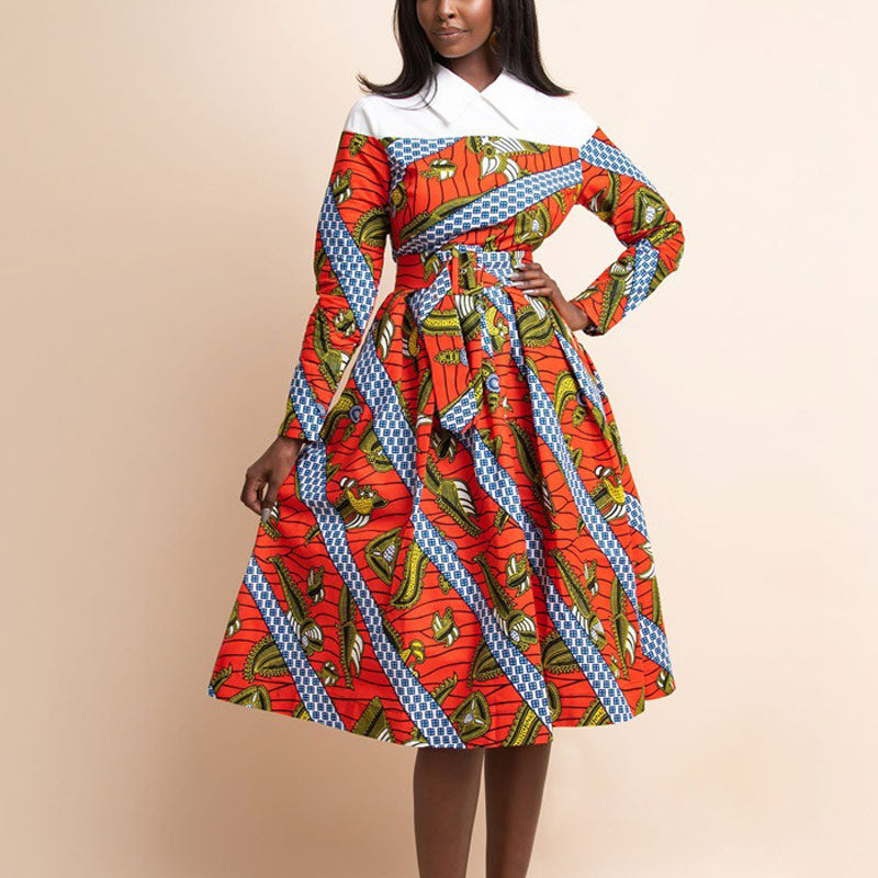 Colorblock Print Long Sleeve High Waist Big Swing Dress With Belt