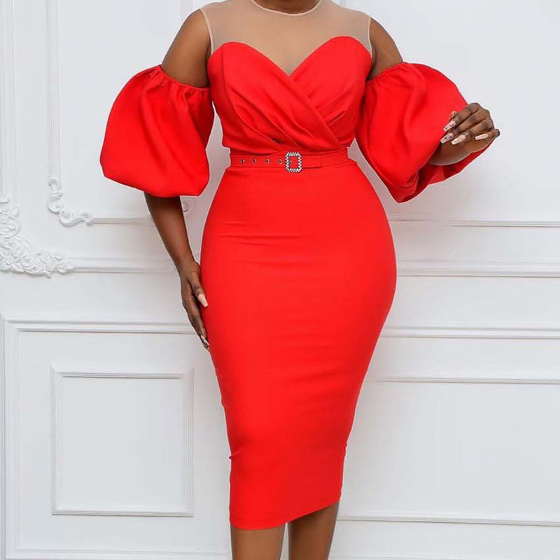 Solid Cold Shoulder Puff Sleeve Midi Dress With Belt
