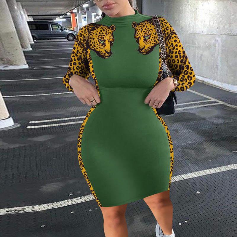 Leopard Print Patchwork Long Sleeve Slim Bodycon Midi Dress