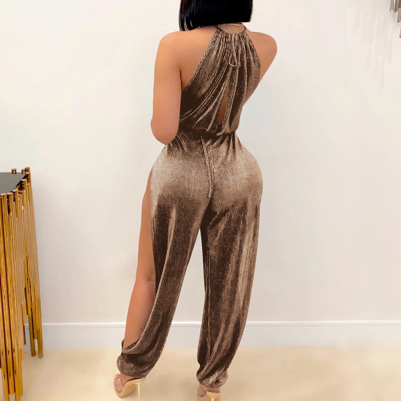 Solid Sleeveless High Split Tied Jumpsuit