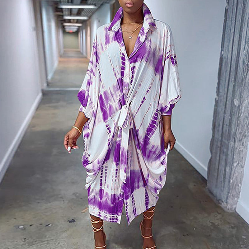 Tie Dye Print Button Design Long Sleeve Loose Oversize Dress