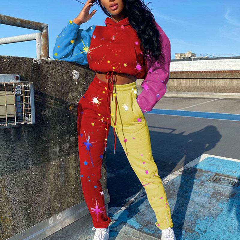 Colorblock Print Hoodie Two piece Set