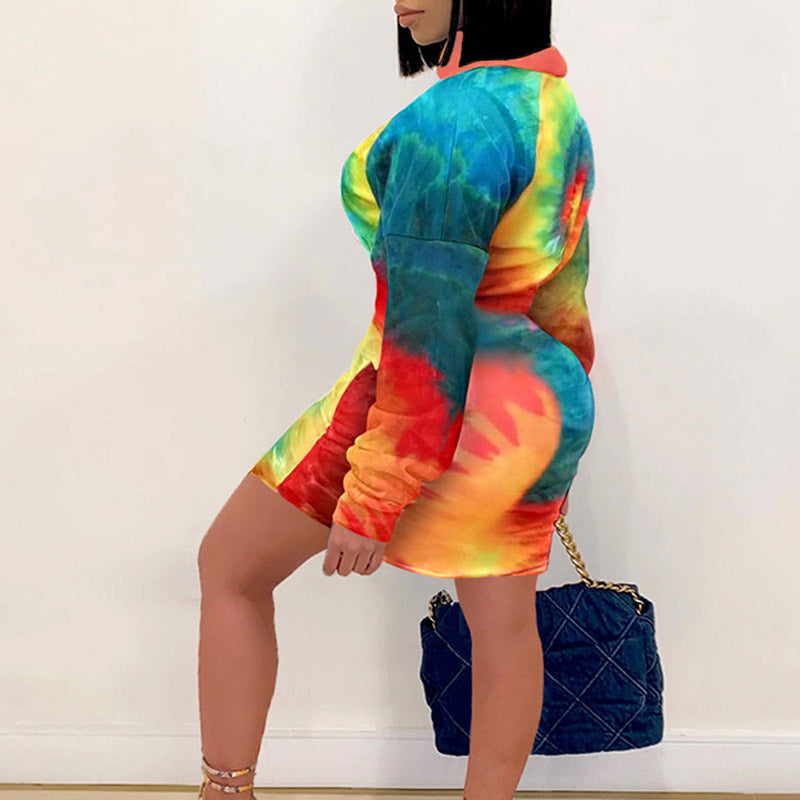 Tie Dye Print Long Sleeve Midi Dress