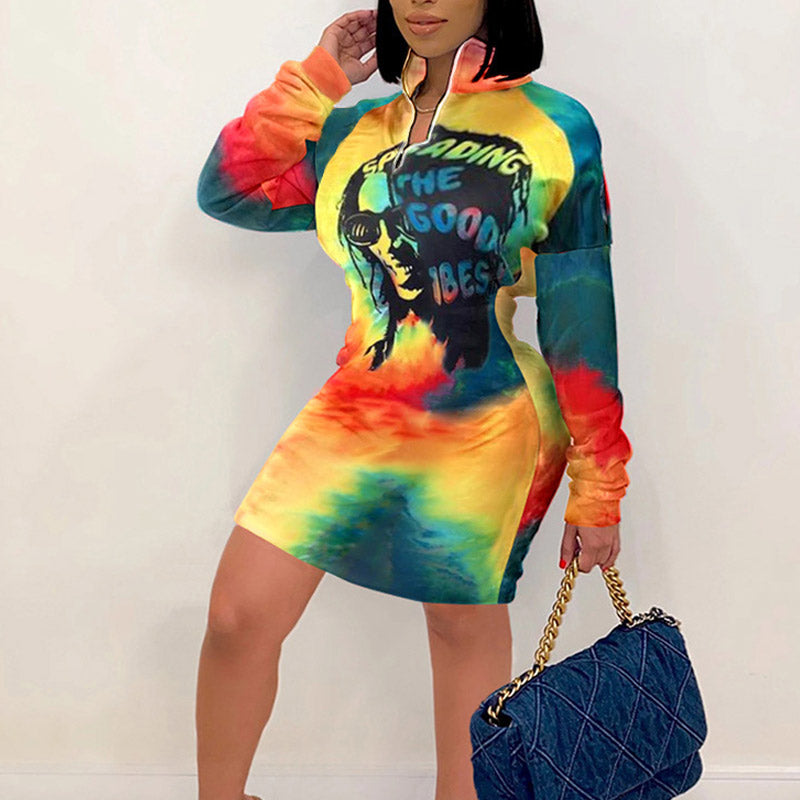 Tie Dye Print Long Sleeve Midi Dress