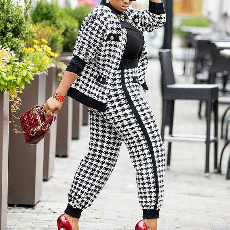 Houndstooth Print Pocket Zipper Design Long Sleeve Coat & Pants Set