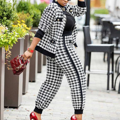 Houndstooth Print Pocket Zipper Design Long Sleeve Coat & Pants Set