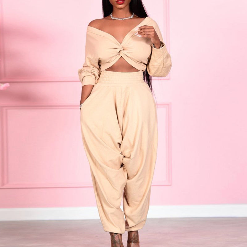 Solid Sexy Cross V-Neck Long Sleeve Top & Loose Pants Set