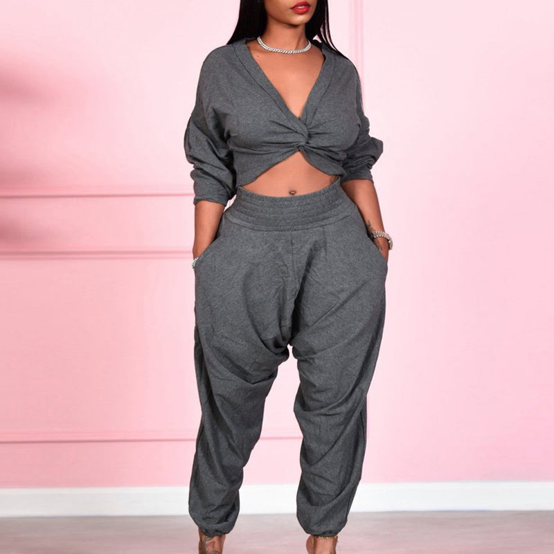 Solid Sexy Cross V-Neck Long Sleeve Top & Loose Pants Set