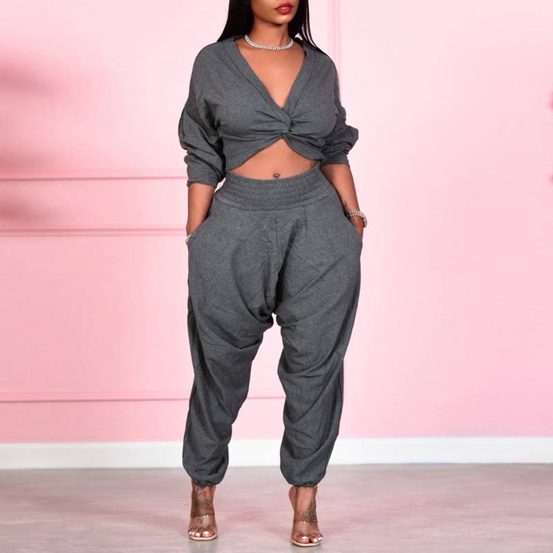 Solid Long Sleeve Deep v-Neck Crop Top & Pants Set