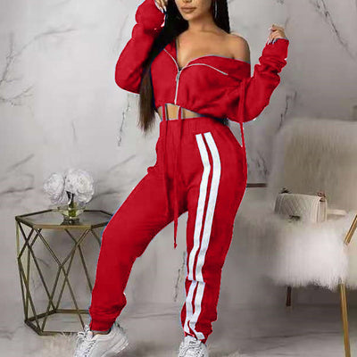 Drawstring Zipper Design Long Sleeve Hoodie Top & Strip High Waist Pants Set