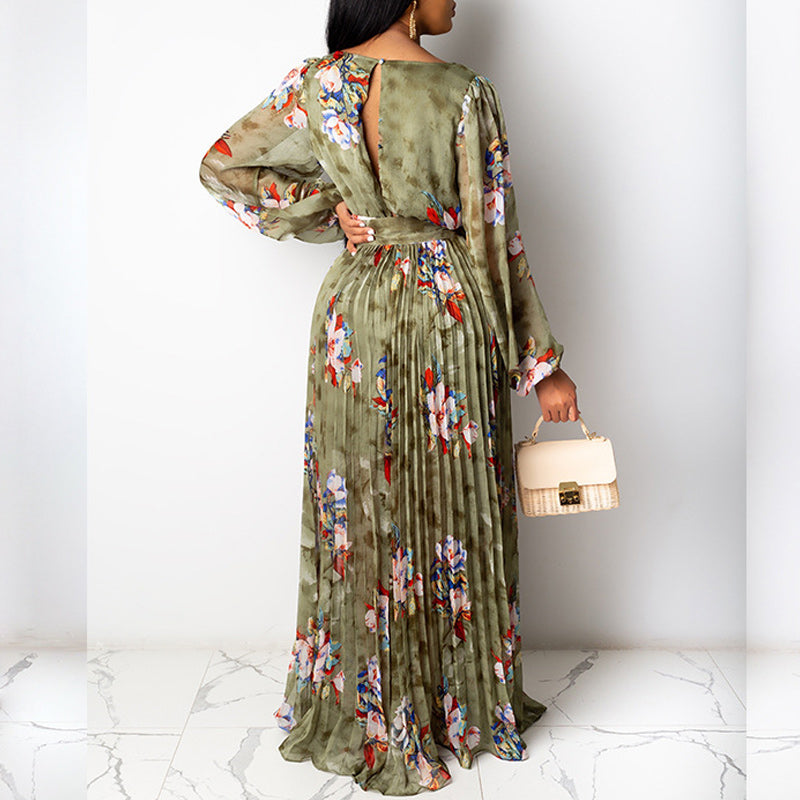 Floral Print V-Neck Pleated Maxi Dress With Belt