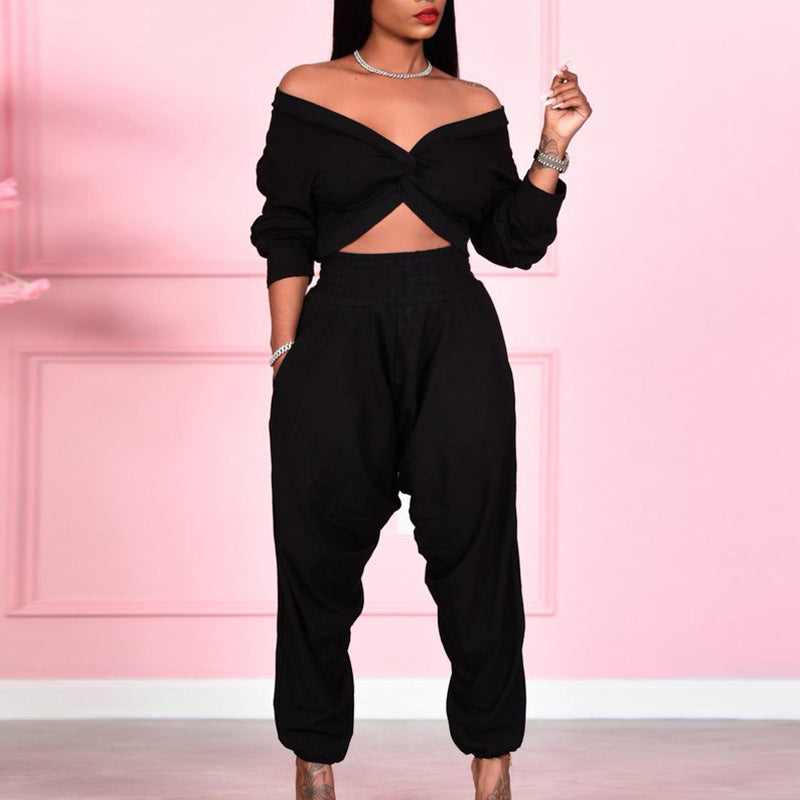 Solid Sexy Cross V-Neck Long Sleeve Top & Loose Pants Set