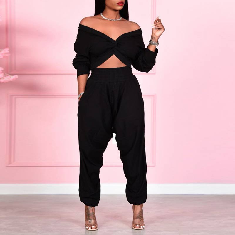 Solid Long Sleeve Deep v-Neck Crop Top & Pants Set