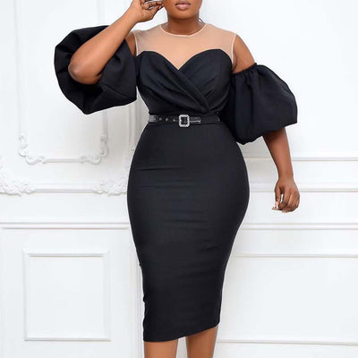 Solid Cold Shoulder Puff Sleeve Midi Dress With Belt