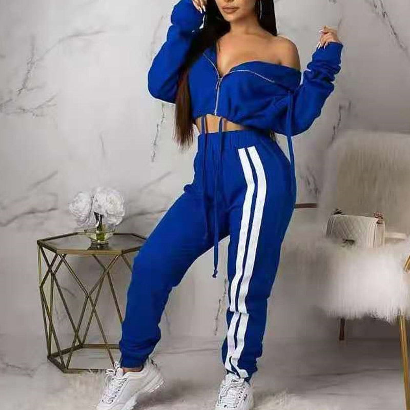 Drawstring Zipper Design Long Sleeve Hoodie Top & Strip High Waist Pants Set