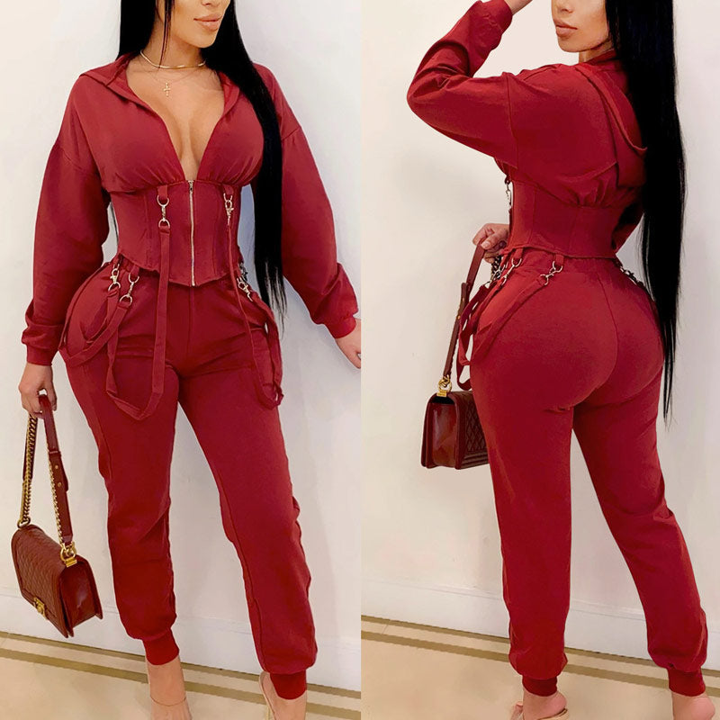 Solid V-Neck Lace Zipper Design Long Sleeve Hoodie Top & Pants Set