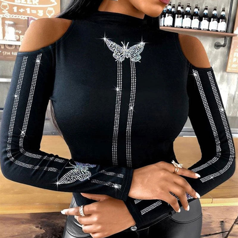 Rhinestone Butterfly Pattern Cold Shoulder Top