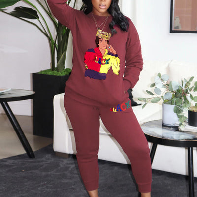 Cartoon Print Pocket Long Sleeve Top & Drawstring Pants Set