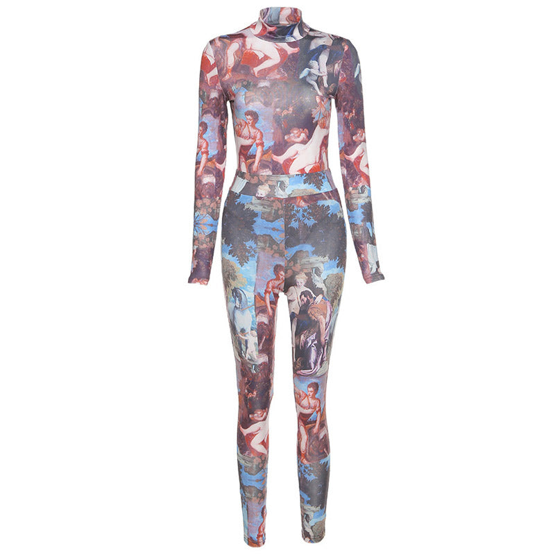 Print Turtleneck Long Sleeve Jumpsuit