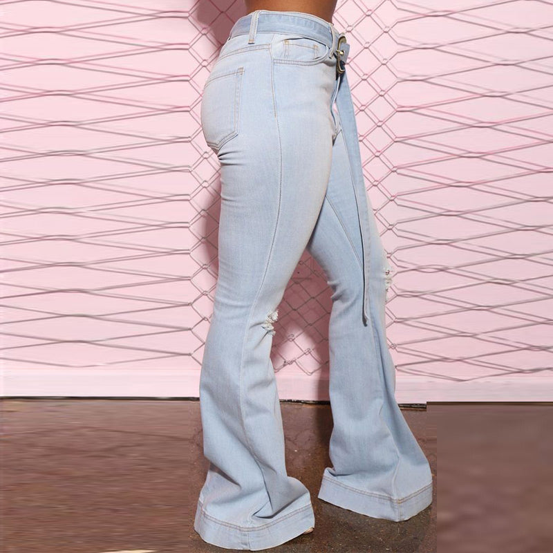 High Waist Denim Cutout Bell Bottom Jeans With Belt