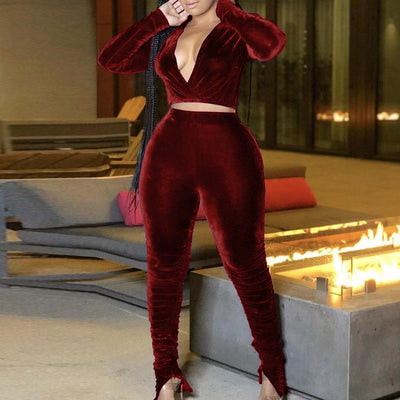 Sexy Velvet V-Neck Long Sleeve Top & High Waist Stacket Pants Set