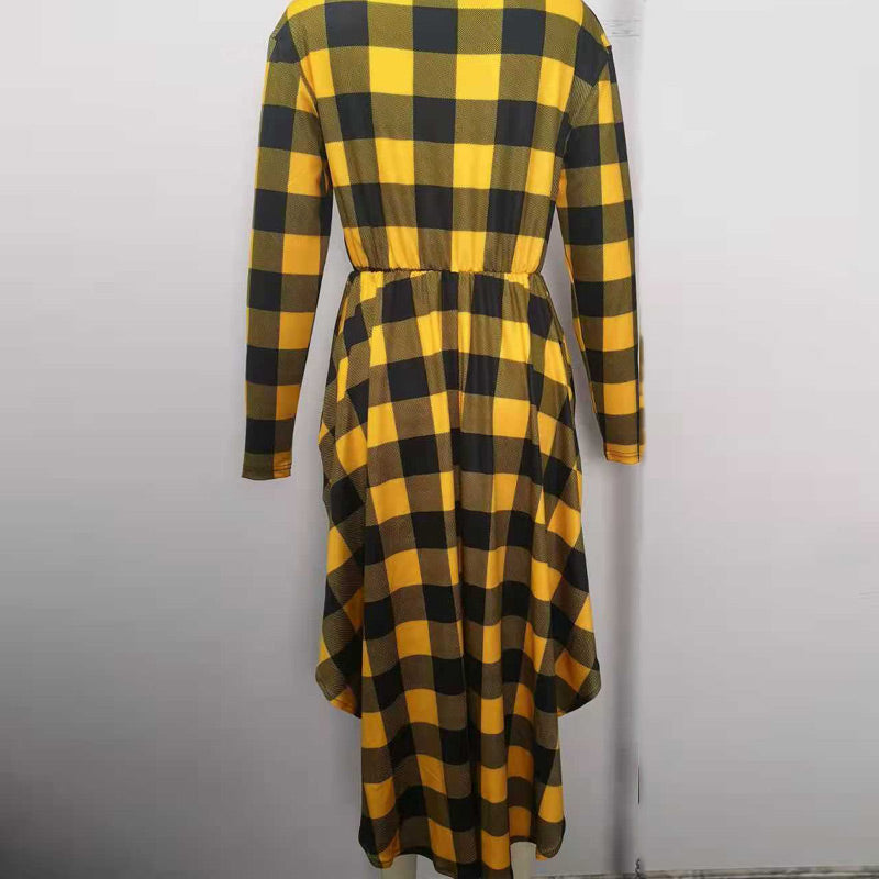 Plaid Round Neck Patchwork Long Sleeve Asymmetric Hem Dress