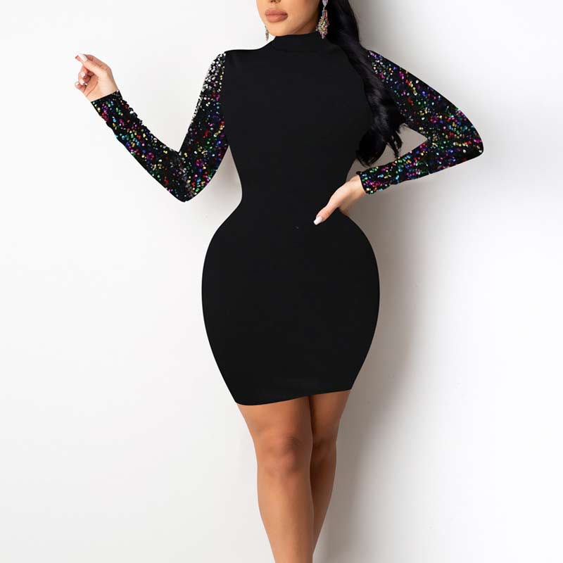 Sequins Long Sleeve Turtleneck Bodycon Dress