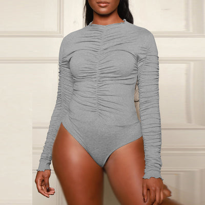 Solid Pleats Long Sleeve Bodysuit