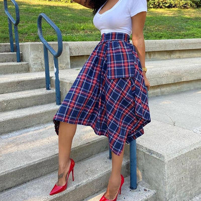 Fashion Plaid Print Asymmetric Hem Skirt