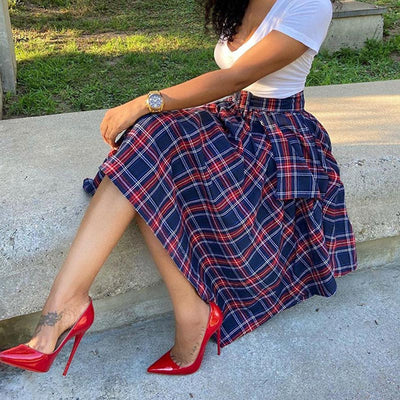 Fashion Plaid Print Asymmetric Hem Skirt