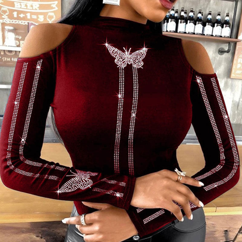 Rhinestone Butterfly Pattern Cold Shoulder Top