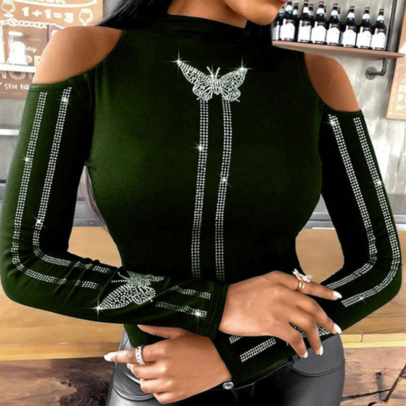 Rhinestone Butterfly Pattern Cold Shoulder Top