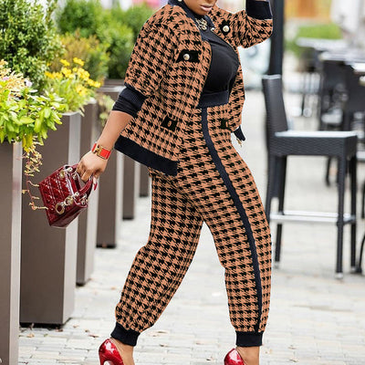 Houndstooth Print Pocket Zipper Design Long Sleeve Coat & Pants Set