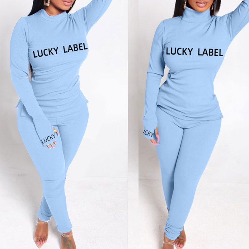 Letter Print Turtleneck Long Sleeve Two Piece Set