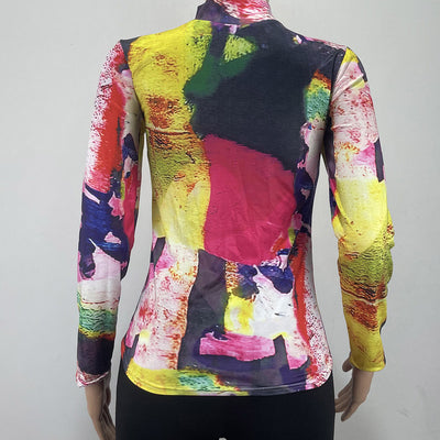 Colorblock Tie-Dye Print Long Sleeve Top