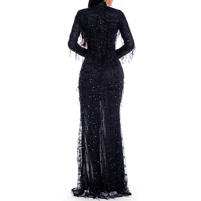 Sequins Turtleneck Long Sleeve Sheer Mesh Patchwork High Slit Maxi Dress