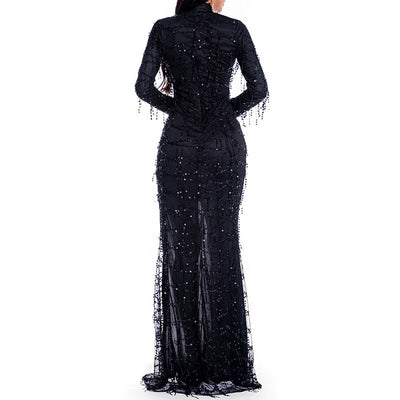 Sequins Turtleneck Long Sleeve Sheer Mesh Patchwork High Slit Maxi Dress