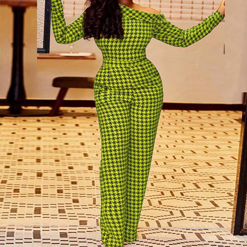 Houndstooth One Shoulder Long Sleeve Jumpsuit