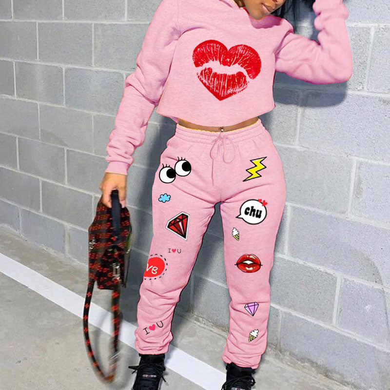 Lips Pattern Print Hoodie Top & Pants Set