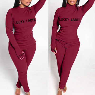 Letter Print Turtleneck Long Sleeve Two Piece Set