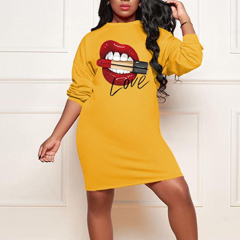 Lips Print Long Sleeve Casual Dress