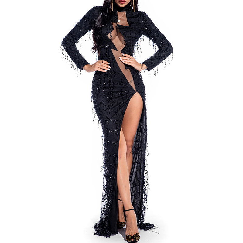 Sequins Turtleneck Long Sleeve Sheer Mesh Patchwork High Slit Maxi Dress