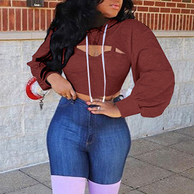 Solid Cutout Long Sleeve Hoodie Top