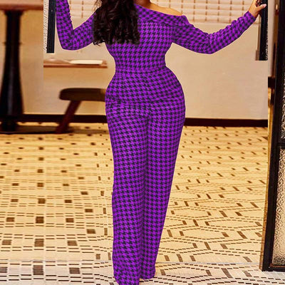 Houndstooth One Shoulder Long Sleeve Jumpsuit