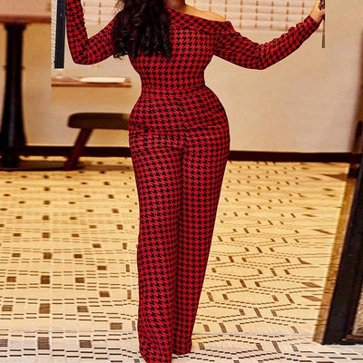 Houndstooth One Shoulder Long Sleeve Jumpsuit