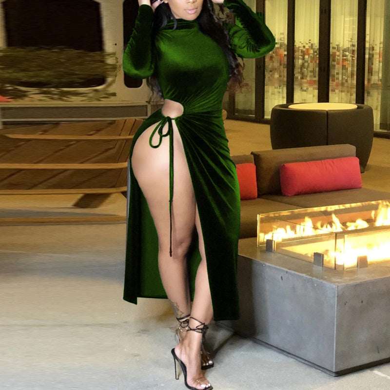 Velvet Long Sleeve Cutout High Split Dress