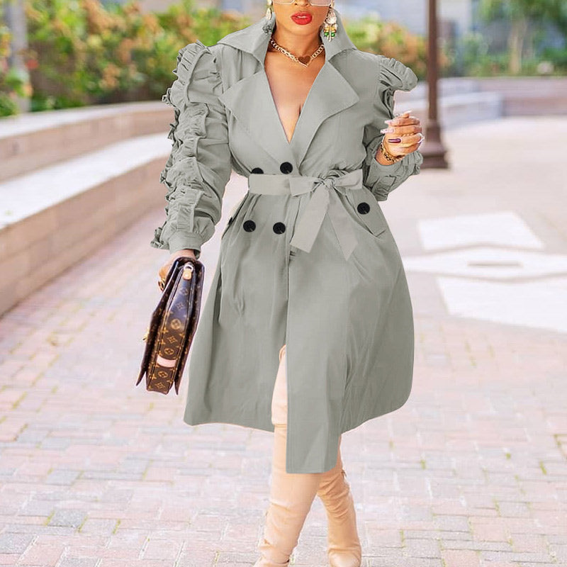 Button Lapel V-Neck Ruffles Long Sleeve Windbreaker Long Coat