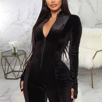 Solid Velvet Pleated Zipper Design V-Neck Long Sleeve Jumpsuit